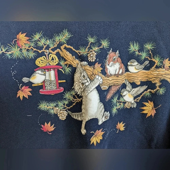 Whim Holiday Sweatshirt Navy size Medium Cats Squirrels Leaves 90s Vintage Grams - Picture 2 of 6